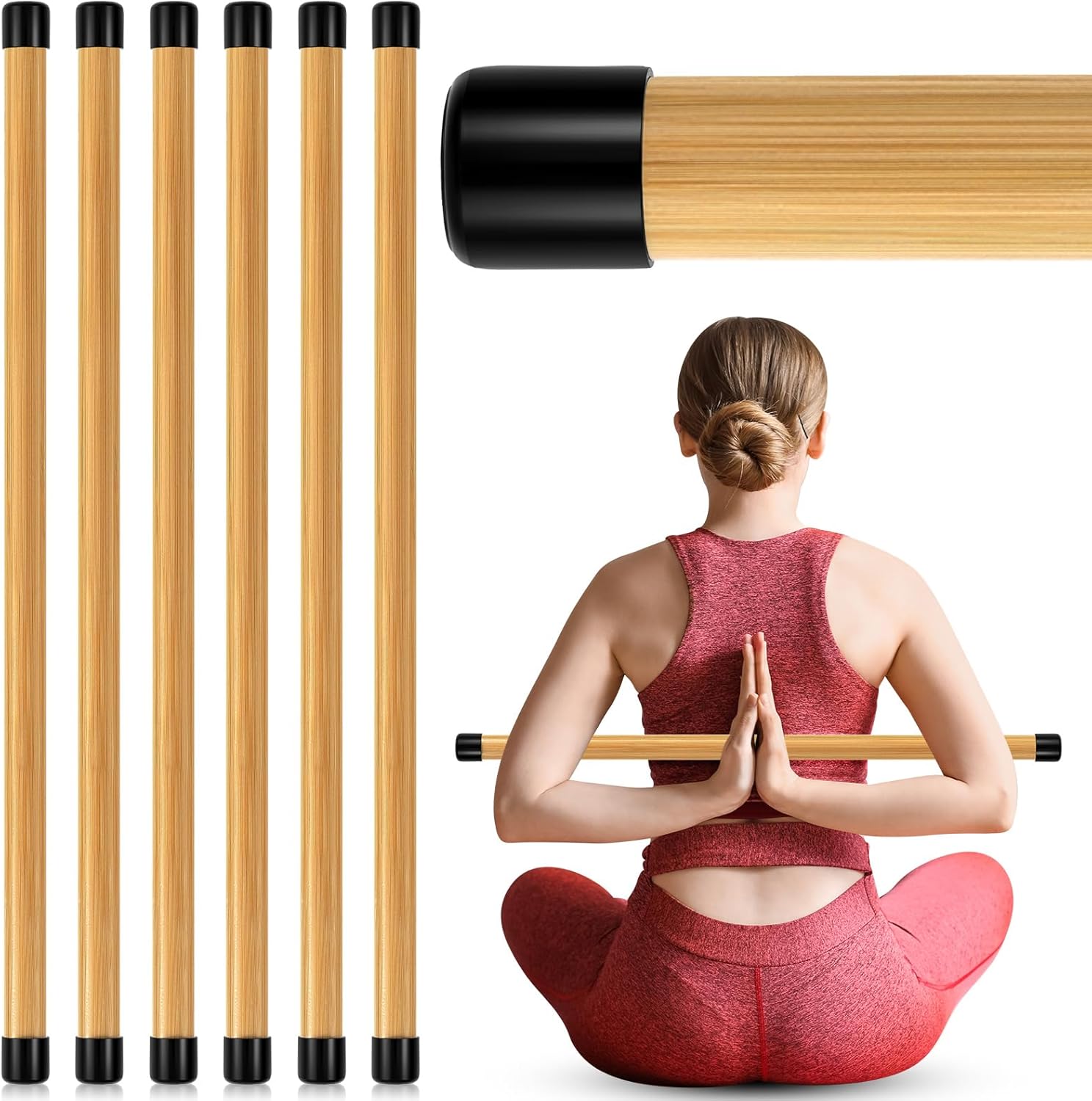 Hiboom 6 Pcs 26 inch Yoga Stick Natural Bamboo Exercise Stick with Non-Slip Rubber Ends Stretching Tool Posture Corrector Stretch Tool for Flexibility, Workout, Balance Fitness