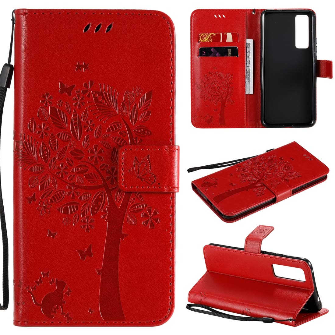 Cell Phone Case for Huawei Nova 7 Tree & Cat Embossed Pattern Horizontal Flip Leather Case with Holder & Card Slots & Wallet & Lanyard Phone Cover
