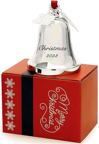 Miniatura 10 de FKOG Adorno personalizado de campana de Navidad y campana de trineo, alas de ángel plateadas grabadas 2023, campanas de Navidad, bodas,