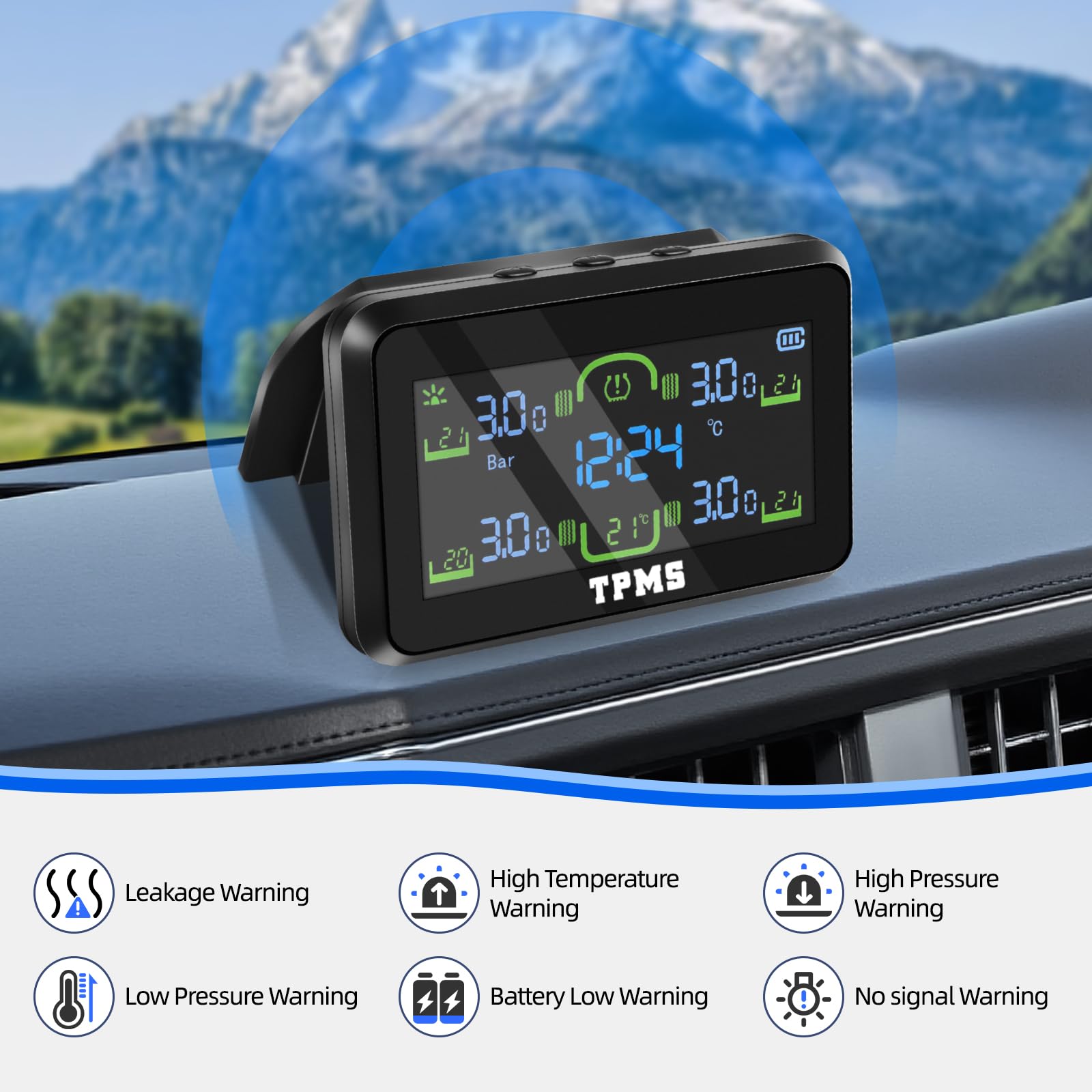 TPMS di Monitoraggio della Pressione dei Pneumatici Staccabile Ricarica Solare Wireless Sistema di Monitoraggio con Allarme, 4 Sensori, 22-87Psi Display Dell'ora per Camper Van Auto | 4 sensori di pressione degli pneumatici impermeabili, 5 allarmi,Autovet