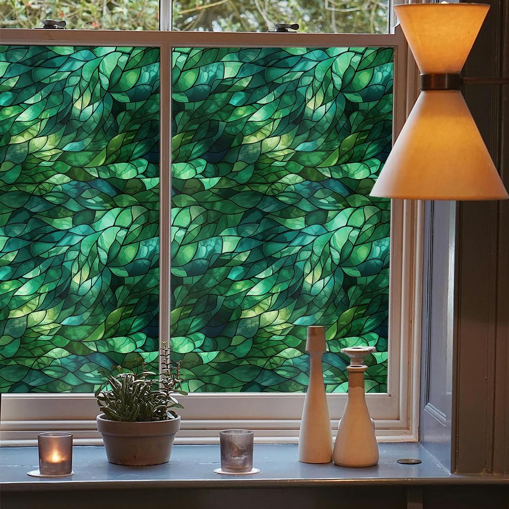 Dark Green Leaf Geometric Mosaic Stained Glass Window Films Decorative Double-Side Privacy Film Self-Adhesive Static Clings for Living Room Bathroom Glass Windows Decor
