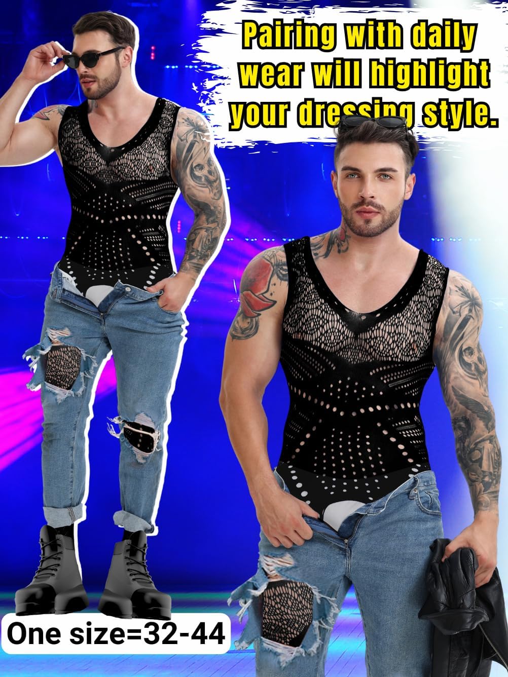 Mens Lingerie, Sexy Gift For Him Body Stockings, Fishnet Bodysuit Lace Jumpsuit Rave Outfits Glow Party Club - Image 4