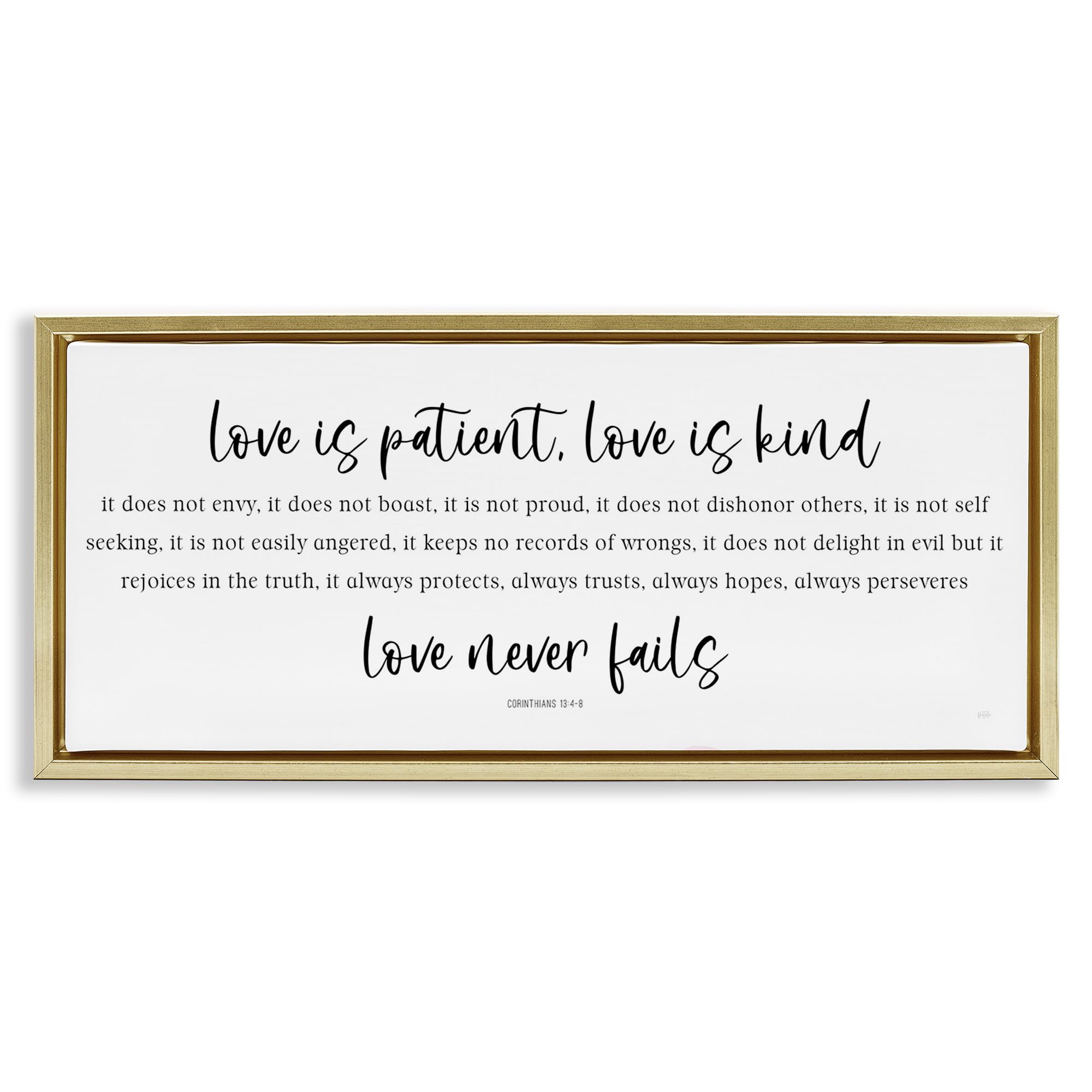 Stupell Industries 'Love Never Fails Proverb', Floating Frame Canvas Art, Gold, 31 x 14 Inches, Easy to Hang and Sturdy, Made in USA, by Natalie Carpentieri