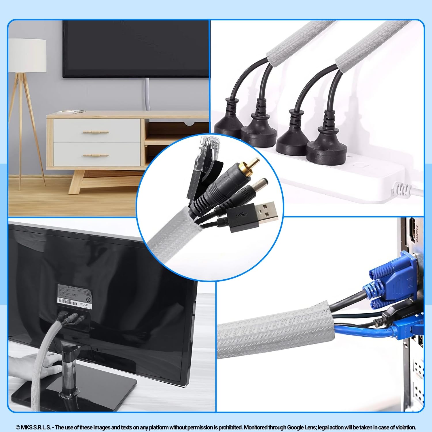 Funda Cables Expandible Ø 4mm, L 10m x4 (40m en Total) • Organiza y Oculta Cables • Ideal para Escritorio y TV • Gris • Kit Recarga 4 Piezas Minibox
