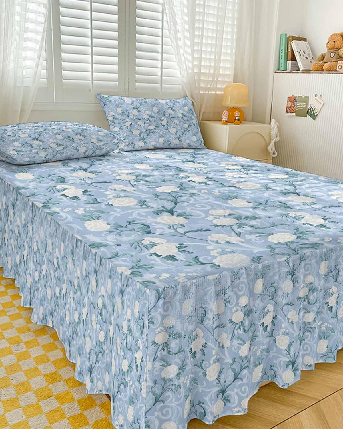 Bed Skirt for Full Size Bed 18 Inches Drop Blue Floral Ruffled Bedding Sheet Sets Soft Bedspread Retro Camellias Flowers Wrap Around Bed Skirt Sheet Set with 2 Pillowcases for Bedroom All Season 54x75