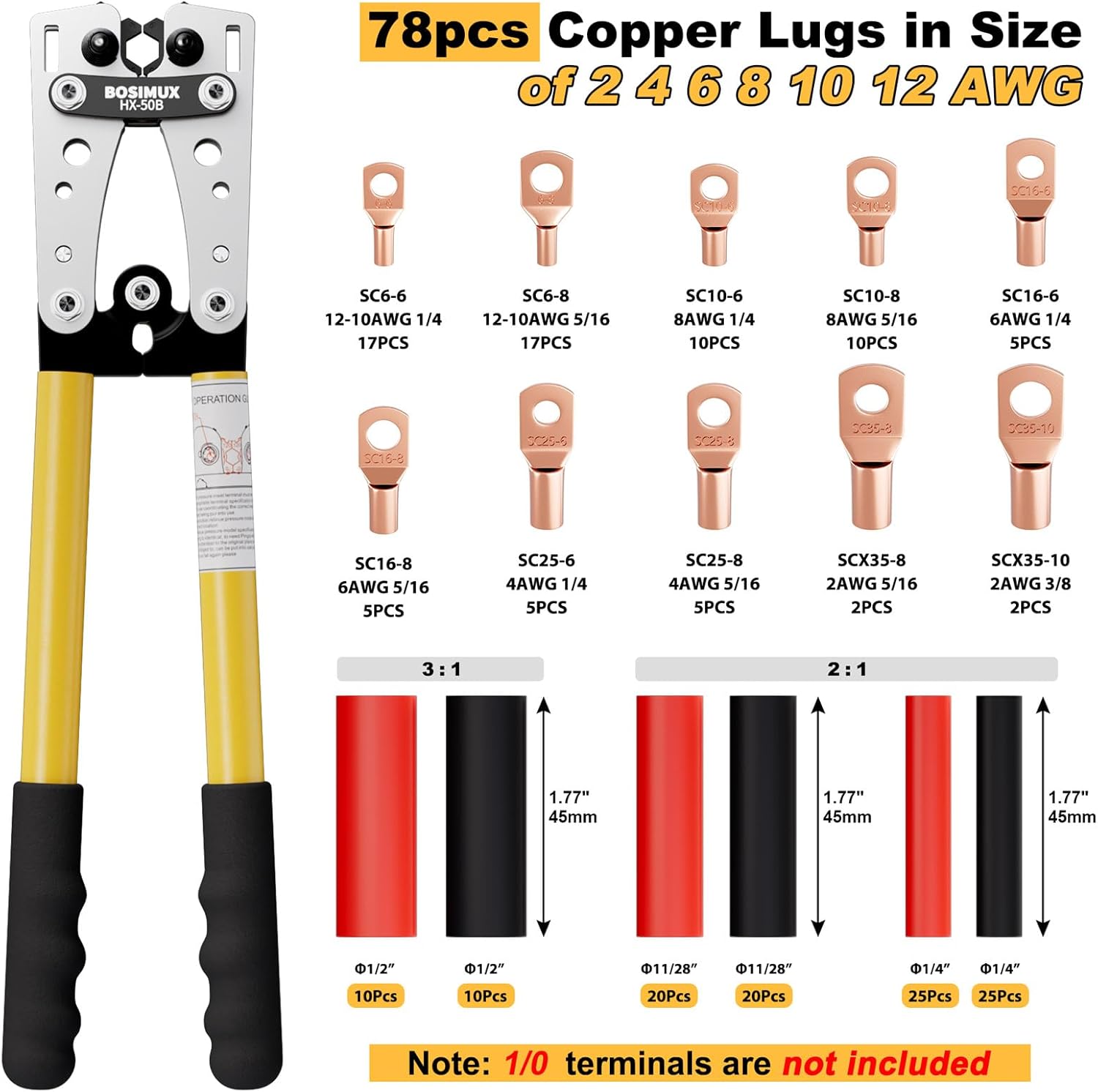 Battery Cable Lug Crimping Tool for AWG 10-1/0, Electrical Lug Crimper with 78pcs Copper Wire Lugs and 110pcs 3:1 Adhesive Heat Shrink Tubing, Wire Crimping Tool for Battery Cables
