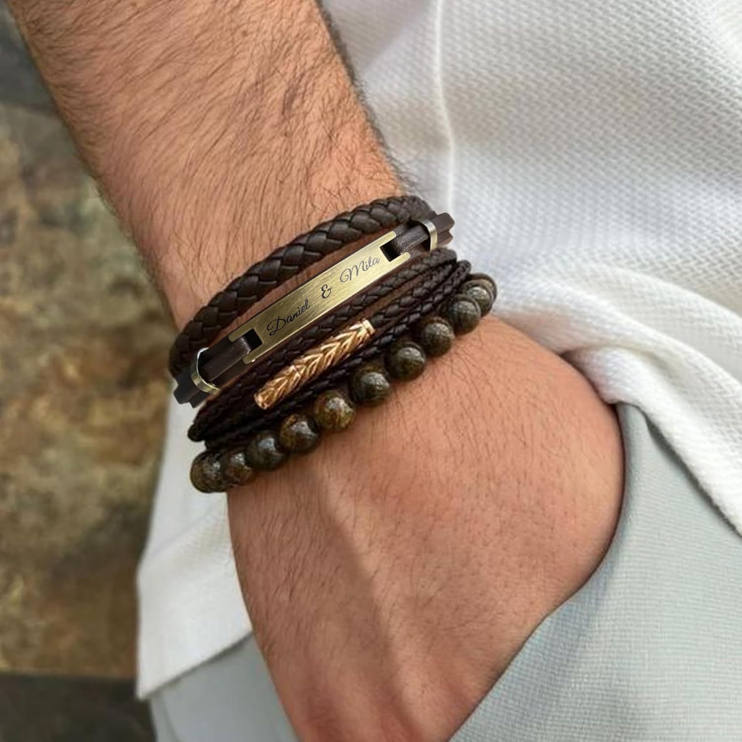 Personalized Mens Bracelet Genuine Leather Cuff Name Date Initial Letter Engraved Handcrafted Wristband Gift f/Him Husband Boyfriend Anniversary Father's day Wedding Birthday