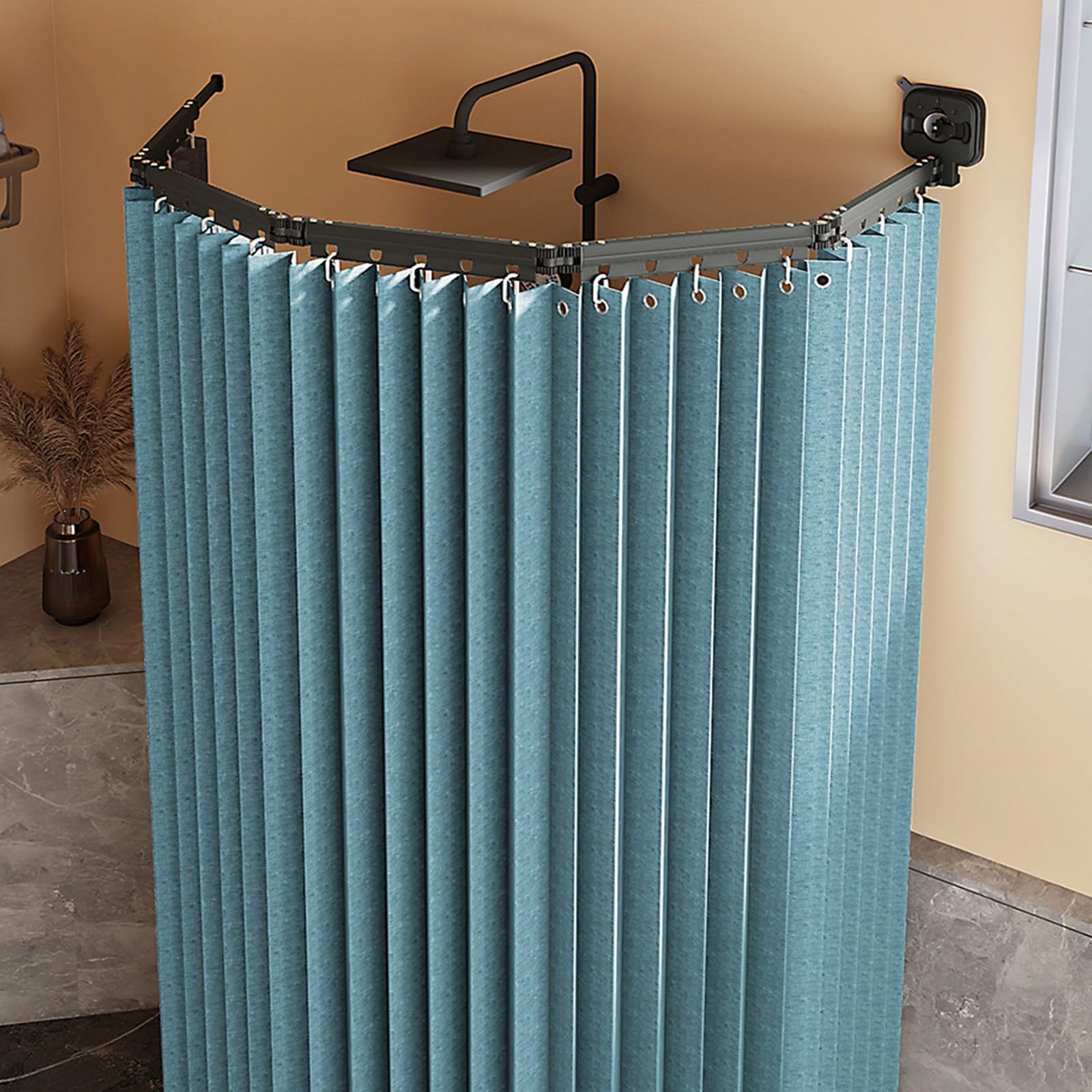 GLDYTVF Wall Mount Foldable Shower Curtain RodNo Drill Suction Cup Waterproof Linen Curtain Adjustable Angle SpaceSaving Design for Bathroom (Blue 5 Folds)