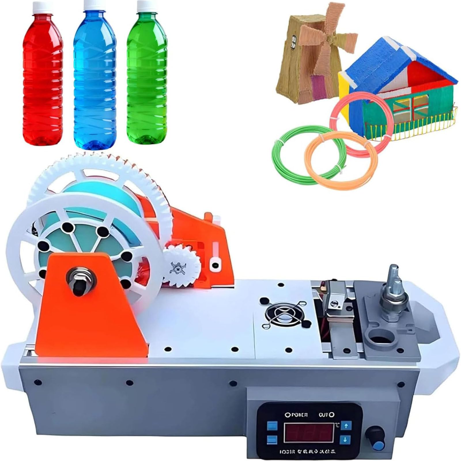 JozyJul Recycled PET Bottle Recycler, 3D Printed Bottle Recycler, Desktop Filament Extruder Machine, Pultruded 3D Filament from Plastic Bottles, PET Bottle Recycling Orange-gray