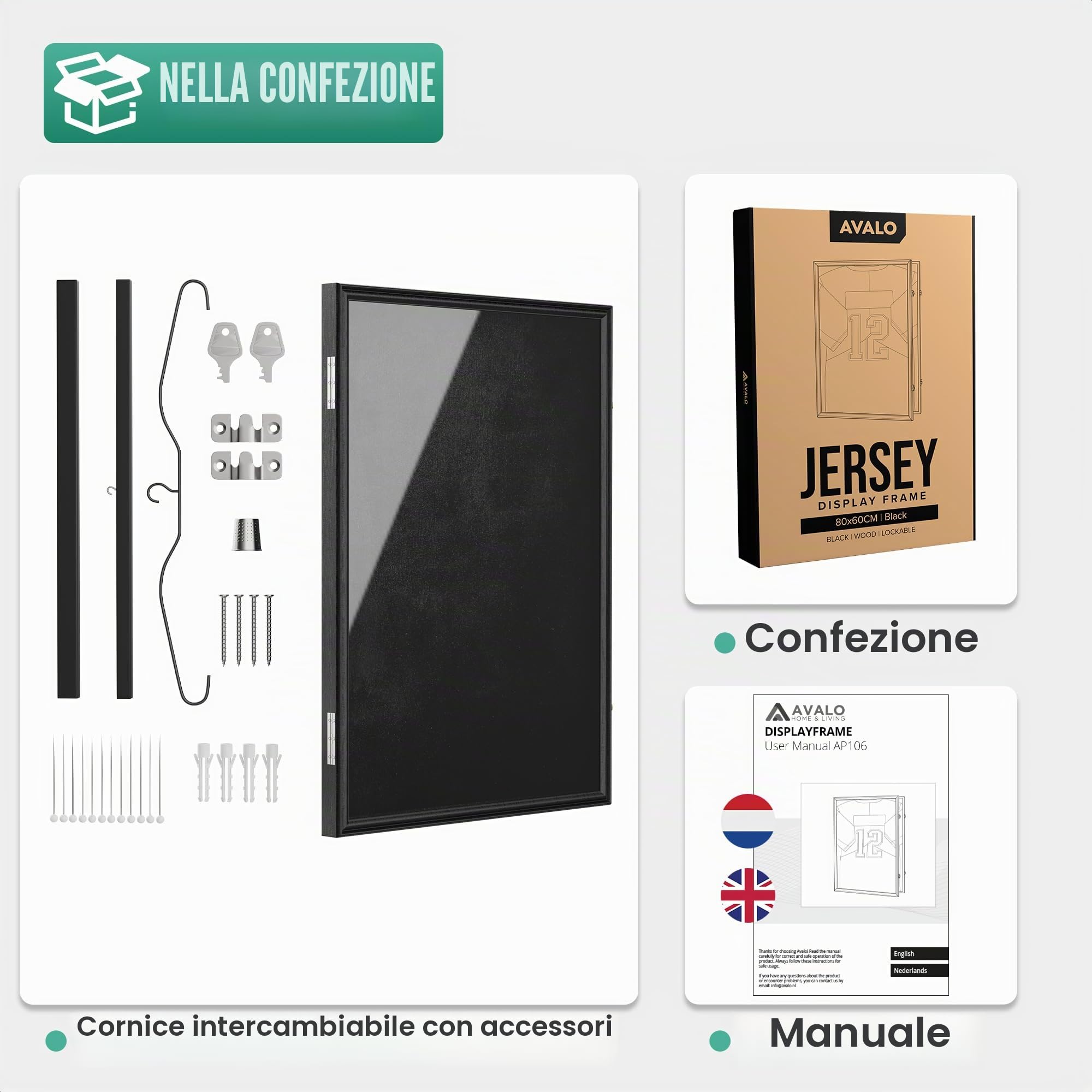 Avalo Cornice per cornice da 80 x 60 cm nero - Cornice profonda per foto - Adatta per maglietta da calcio incorniciata - Pieghevole
