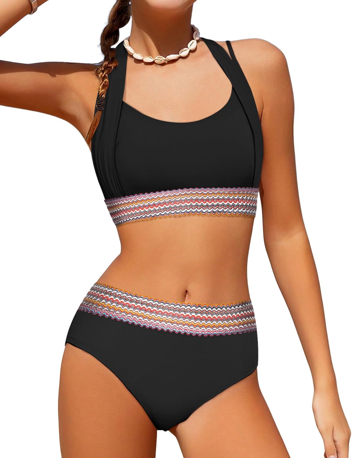 Girls Swimsuit 2 Piece Color Block Halterneck Bikini Sets with Adjustable Straps High Waist Girls Bathing Suits 9-16Y