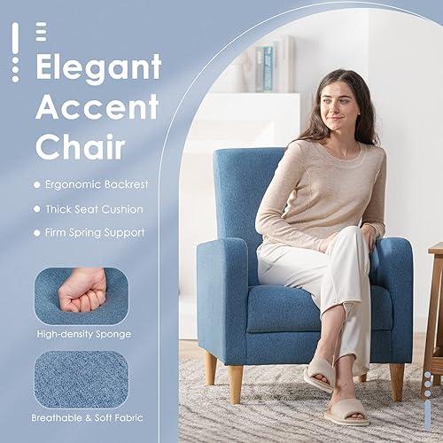 Miniatura 28 de COLAMY - Sillón moderno con cojín para sala de estar, sofá individual y auxiliar para ocio y lectura, tapizado en tela con patas de madera, color