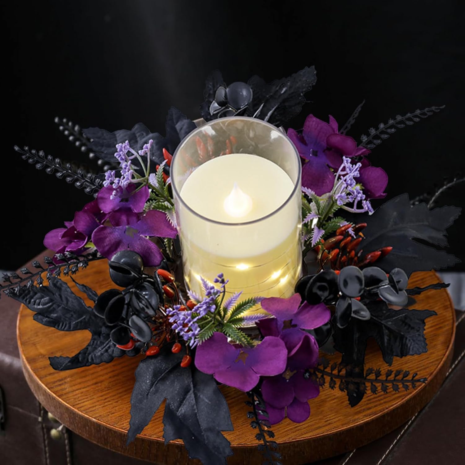 Halloween Candle Rings Wreath Purple Flower Wreath Artificial Black Leaf Candle for Halloween Party Centerpiece Home Door Tabletop Centerpieces Decorations