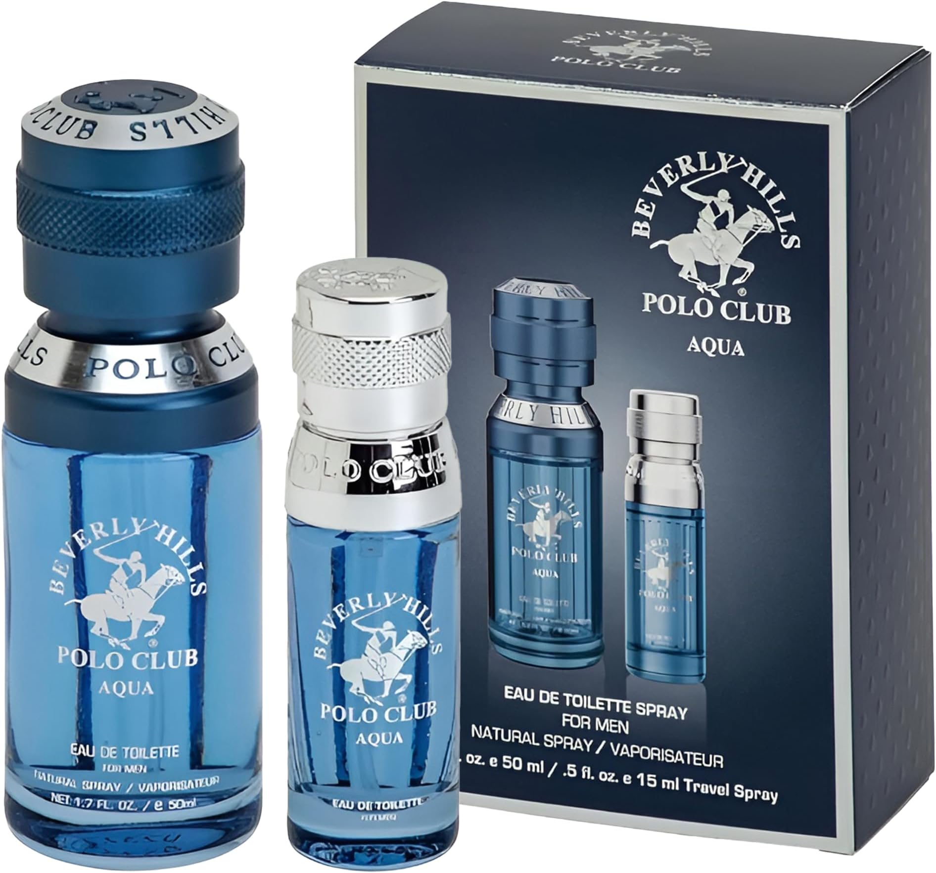 Beverly Hills Polo Club BHPC Men's Eau De Toilette Aqua Bonus Pack - Long-Lasting Fragrance for Him, 2.2 Fl Oz Total (1.7oz + Travel 0.5oz)