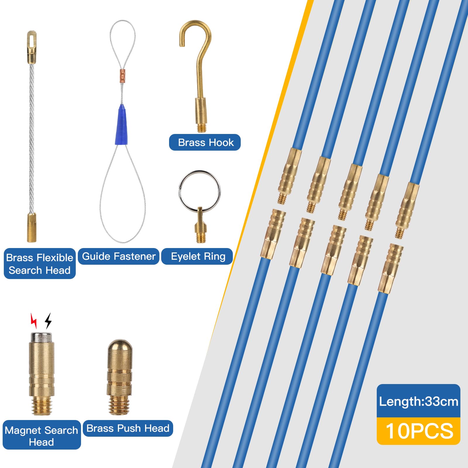 EFUTURETIME 10 x Guia Pasacables Profesional 33cm (Ø 4mm) Aguja Flexible de Fibra de Vidrio, Guia Cable Puller con Accesorios