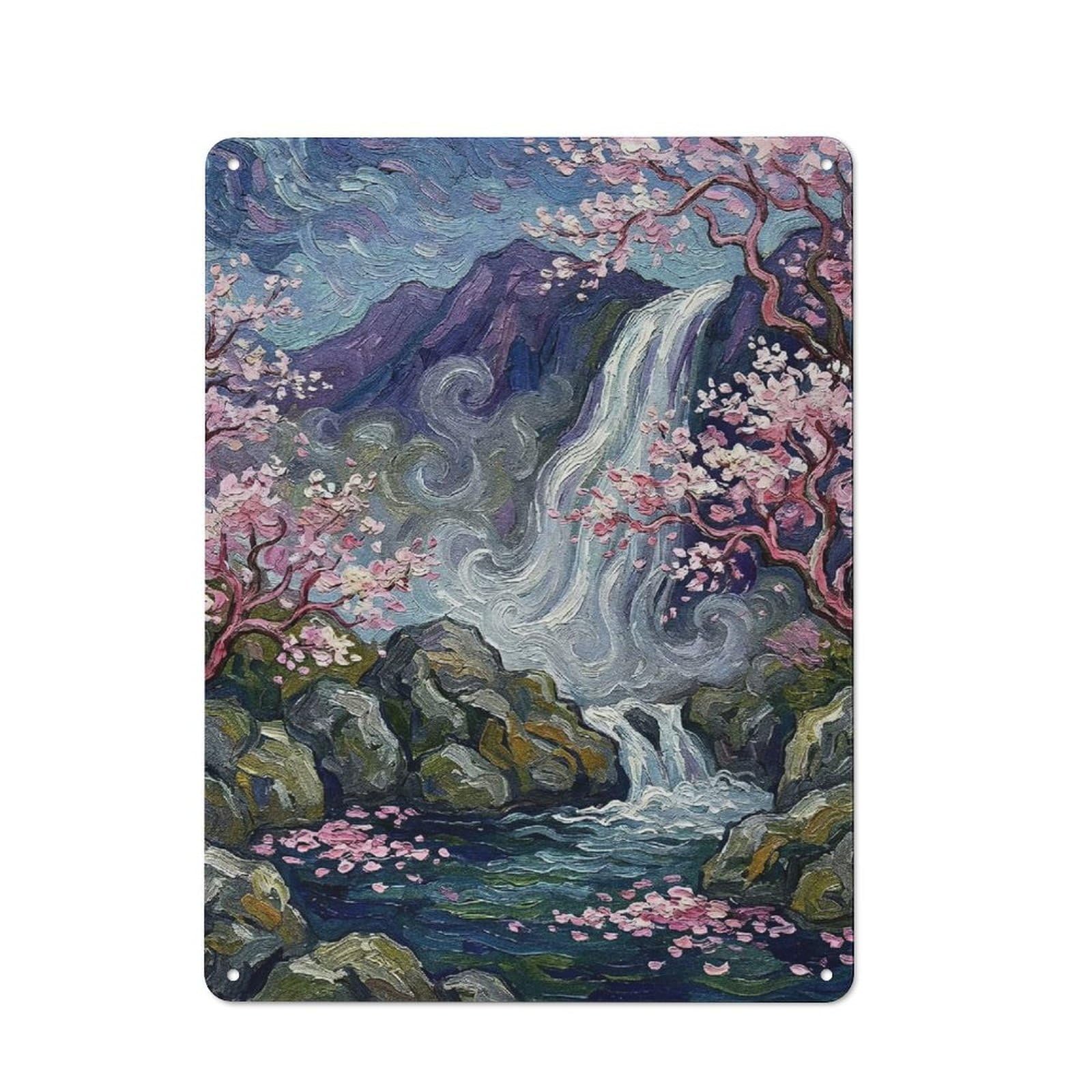 Junmoney Style Tin Wall Plaque 40X30cm With Waterfall With Cherry Blossoms For Home Office Or Studio, New Home Wall Decor For Home Office Decor Fans