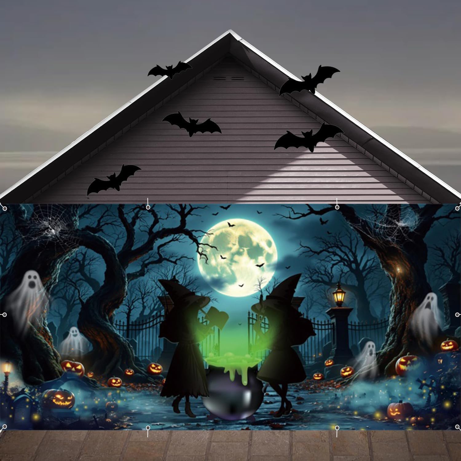 Halloween Garage Door Decorations Cover Banner 7x16ft Scary Halloween Backdrop Banner,Large Hanging 2 Car Garage Door Cover,Spooky Witch Horror Forest Backdrop Wall Decor for Outdoor Holiday Decorations