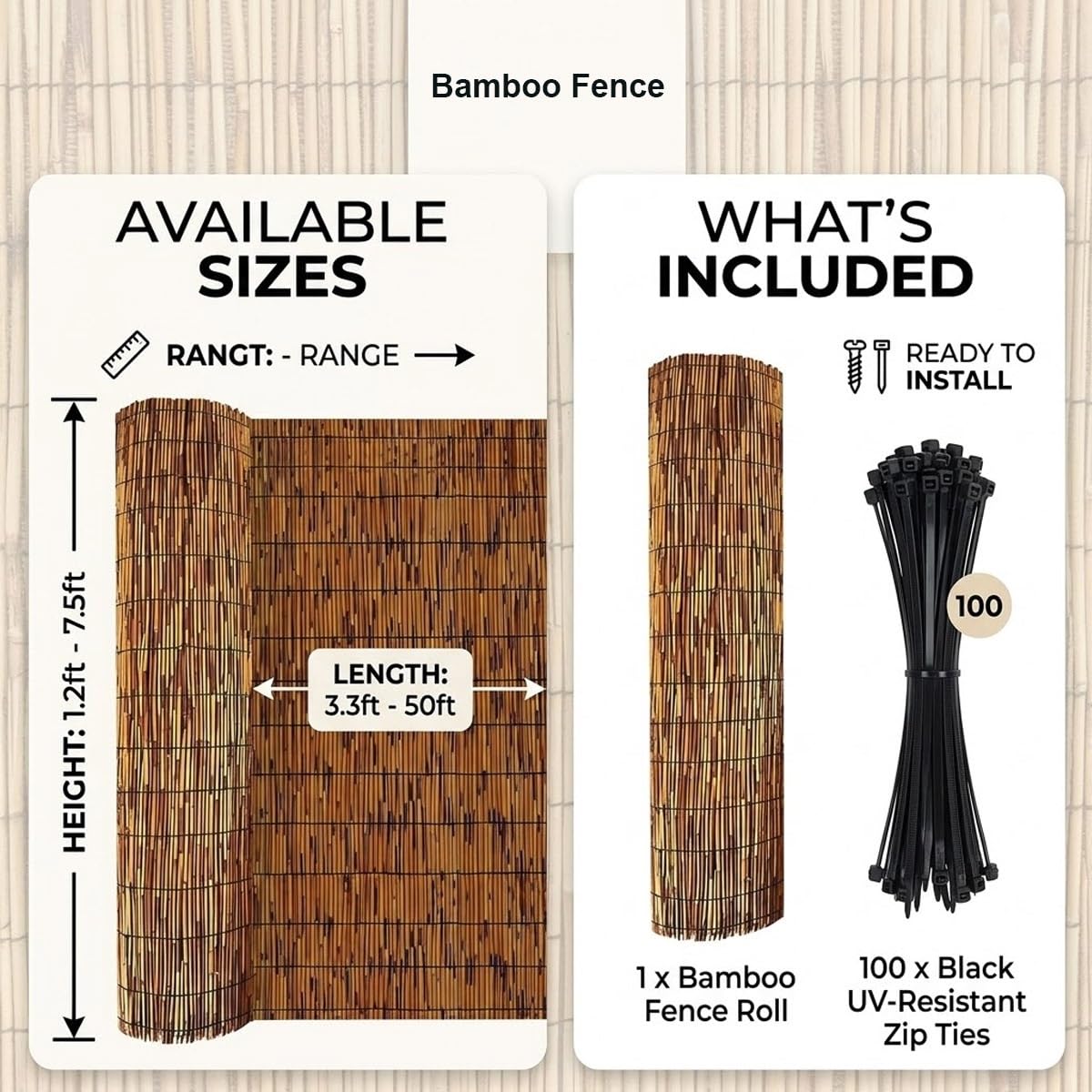 Générique Brise Vue Jardin Canisse en Bambou Naturel Clôture Extérieur Rouleaux Occultant Panneau pour Patio Pergola Protection Contre Le Vent Et Soleil Attaches Incluses 30-200cm(Nature,120x180cm)