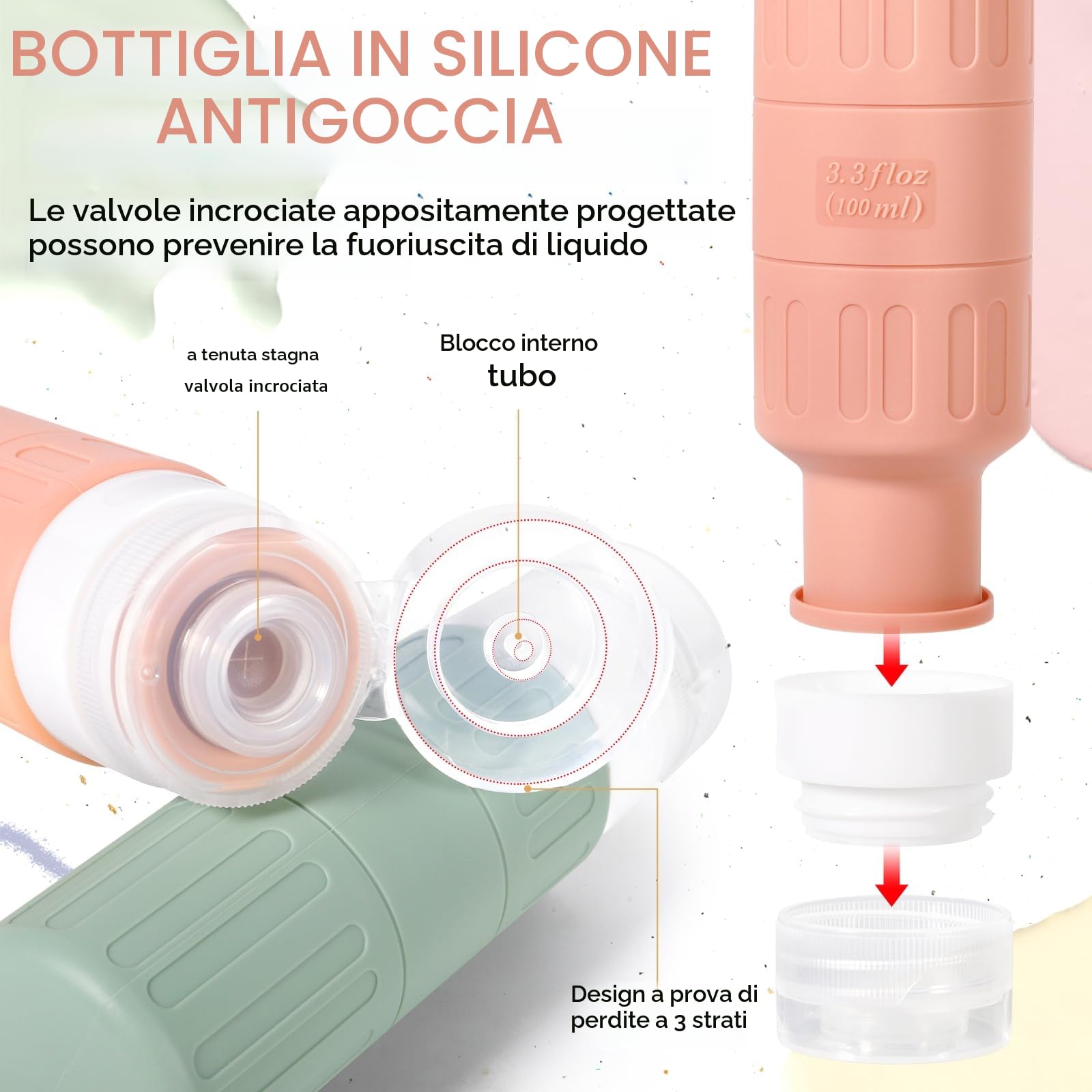 JAMATA Set da Viaggio 16pz in Silicone 100ml,Flaconi Ricaricabili Senza BPA per Shampoo,Lozione e Gel Doccia,Kit Liquidi Aereo con Valvola Anti-fuga,Trousse Inclusa, Ideale per Viaggi Aerei e Outdoor