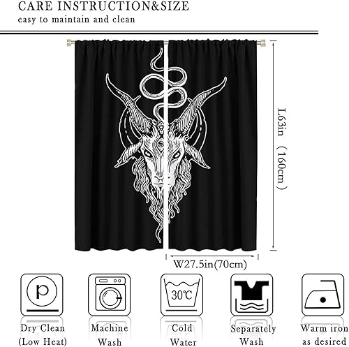 Vista 504 de Cortinas de cabeza de cabra, misteriosa cabeza de cabra malvada, calavera negra, bolsillo para barra, cortinas opacas para ventana, juego de 2