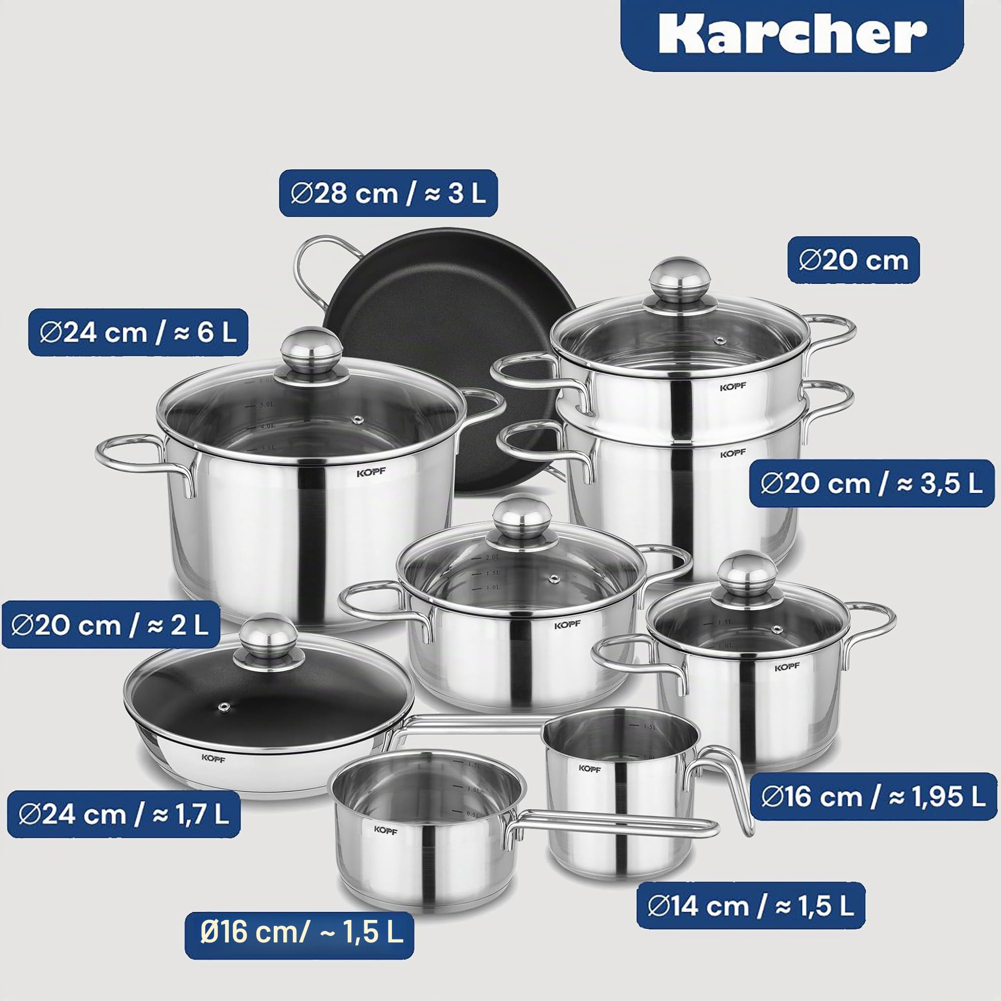 Kopf 122876 Batería de cocina Josie, 14 piezas, acero inoxidable
