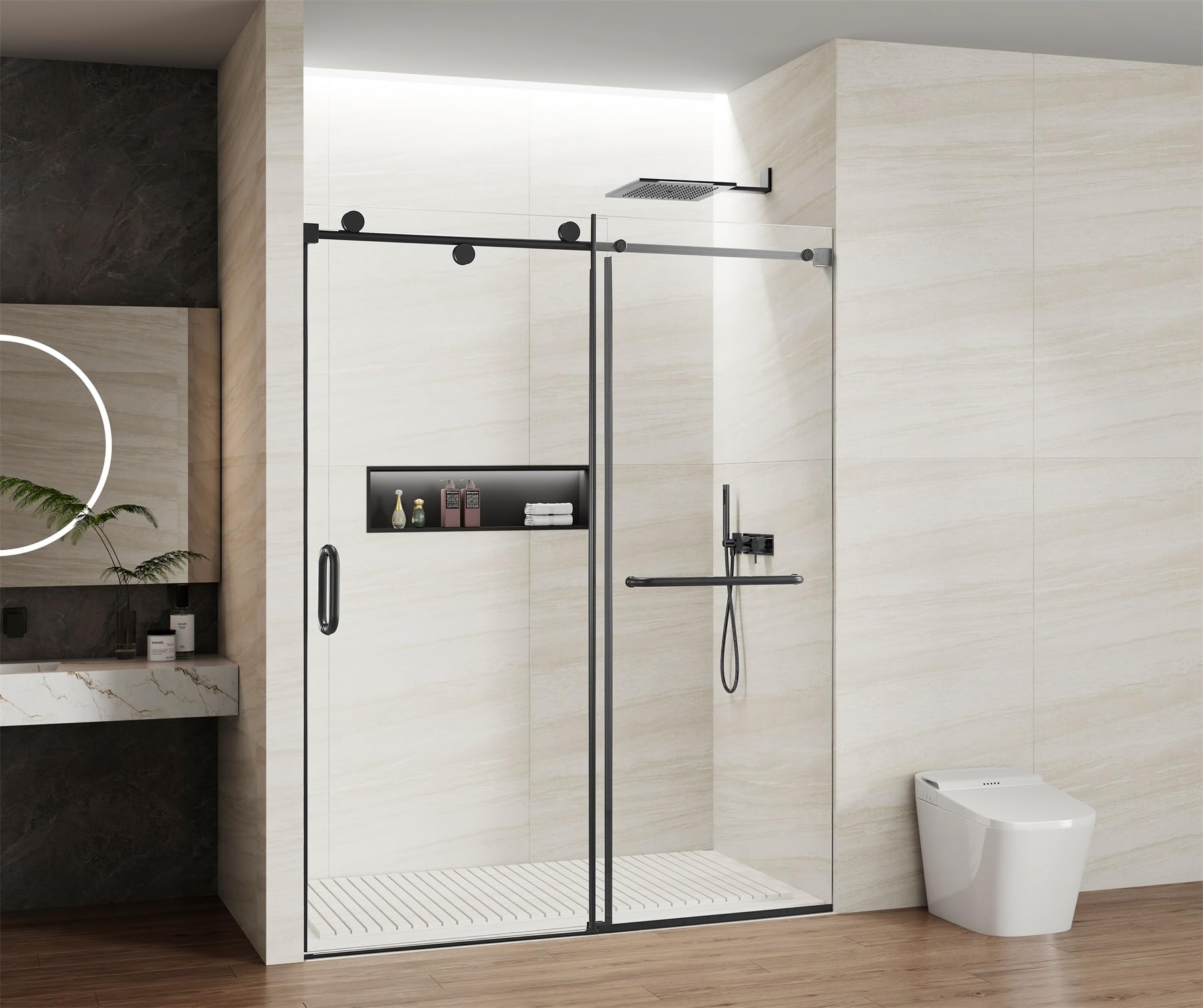 Shower Door, 56-60" W x 76" H Single Sliding Frameless Shower Door 5/16" (8mm) Clear SGCC Tempered Glass, Stainless Steel Hardware, Easy-Clean Coating Glass, 3 Wheels Design (Matte Black)