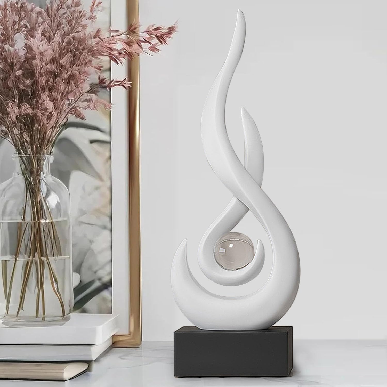 Modern Flame Sculpture Decor Flame Statue with Glass Ball Resin Abstract Art Figurines Centerpiece for Home Living Room Stand Coffee Table Office Decor (Medium White)