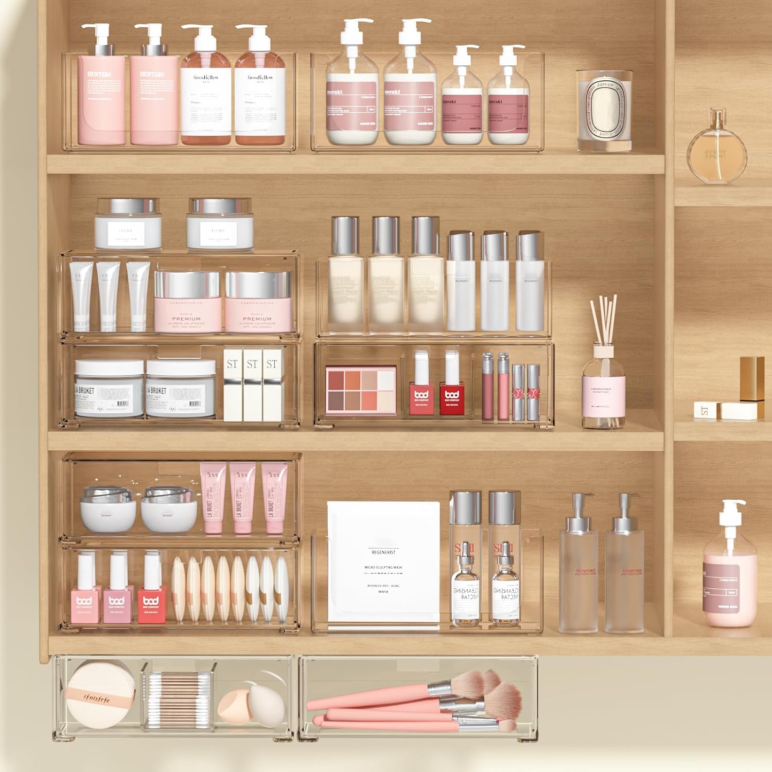 Stackable Storage Drawers Clear Plastic Storage Bins Bathroom Drawer Organizer Medicine Cabinet Organizer Makeup Organizers w Removable Divider Home Workspace Office Desktop Vanity Gift Idea 4Pack