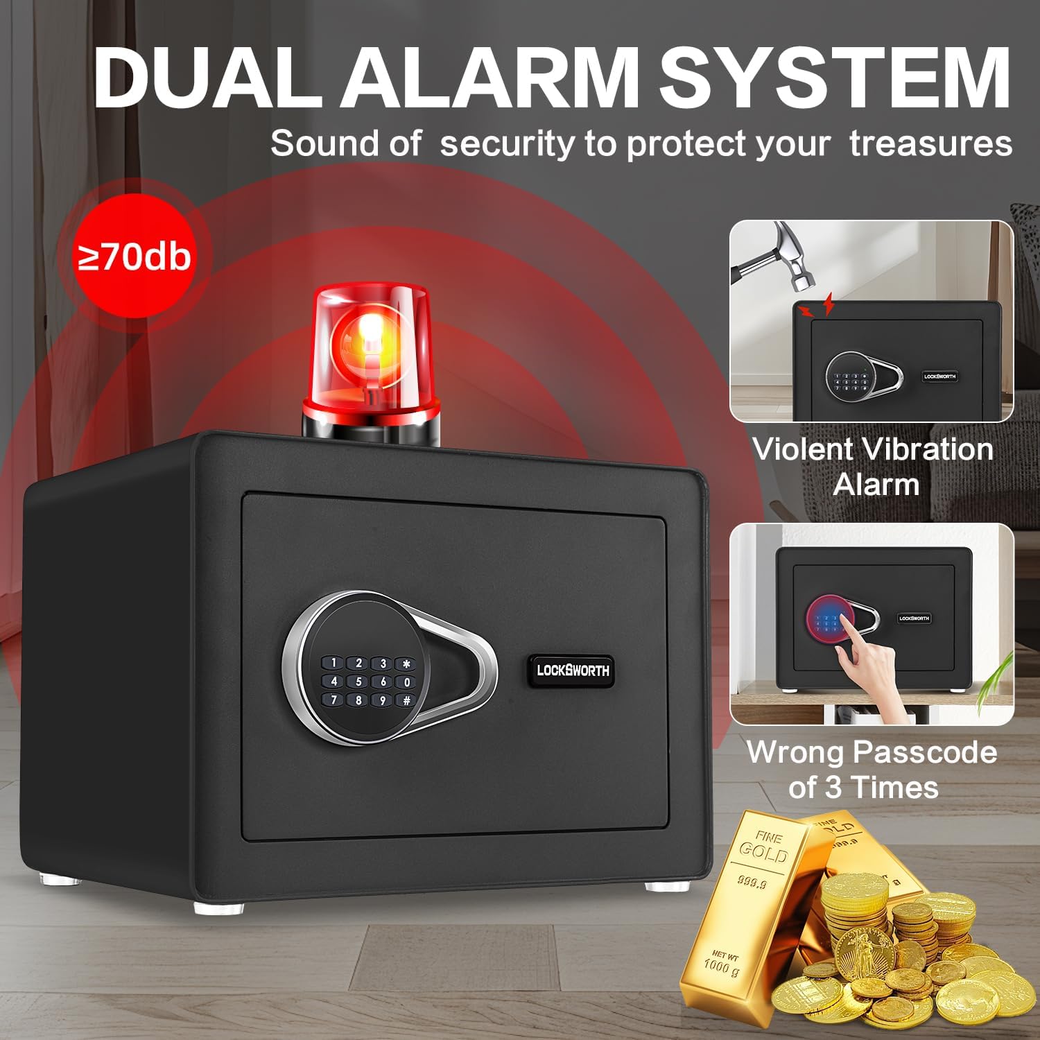 Image showing the safe with a red alarm light and illustrations of the two alarm triggers: violent vibration and wrong passcode entry.