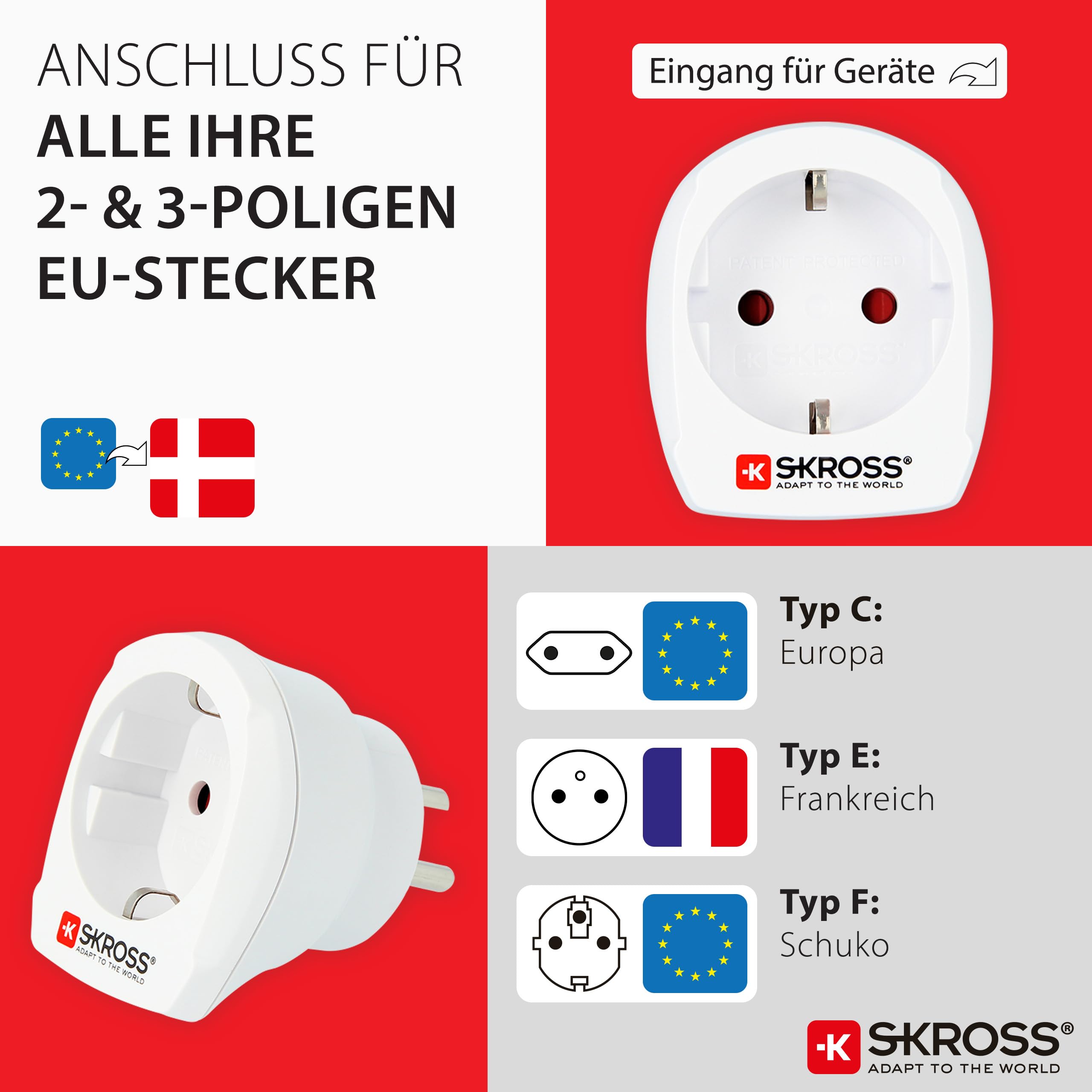 SKROSS Wtyczka podróżna z USB - Niemcy do Danii - adapter podróżny do stosowania urządzeń z wtyczką Schuko lub Euro w Danii