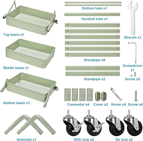 Miniatura 8 de Carrito plegable de metal de 3 niveles, carrito organizador plegable de almacenamiento multifunción para biblioteca en casa y oficina (verde)