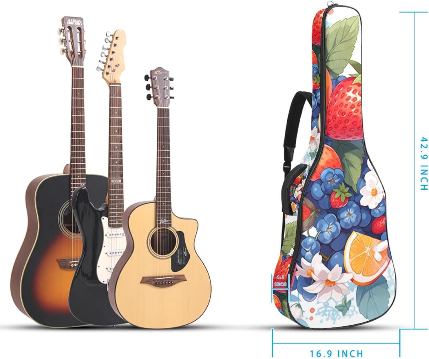 Fresh Summer Fruits Guitar Bag 40 41 42 In 2 Pockets Guitar Case Waterproof Guitar Case Resistent Oxford Cloth 0.4 In Extra Thick Sponge Padded for Acoustic Guitar