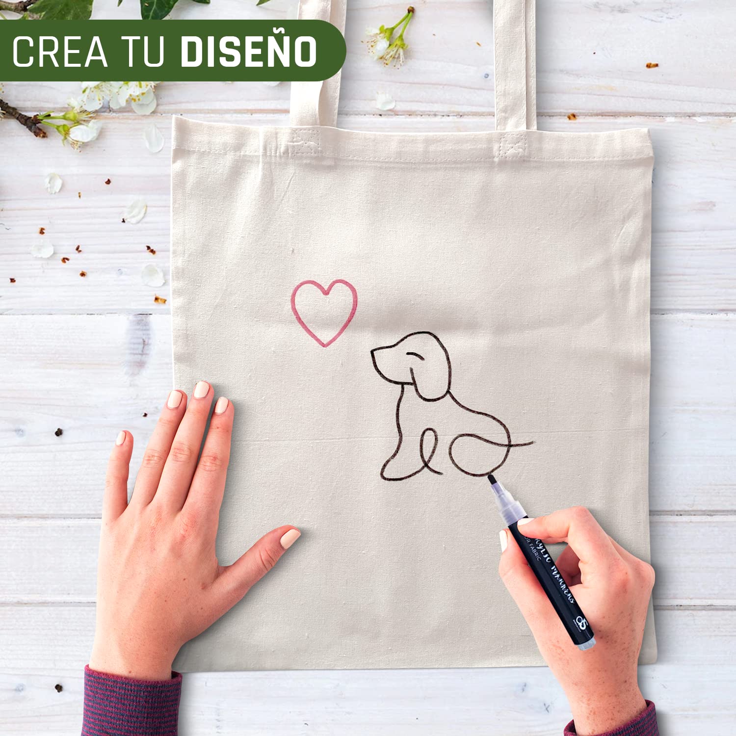 Pack 10 Bolsas Tela Tote Bags Reutilizables Algodon + 12 Rotuladores Acrílicos Tela + 4 Plantillas Abecedario + Celo + Catálogo Ideas. Crea diseños personalizados para regalos, manualidades, arte