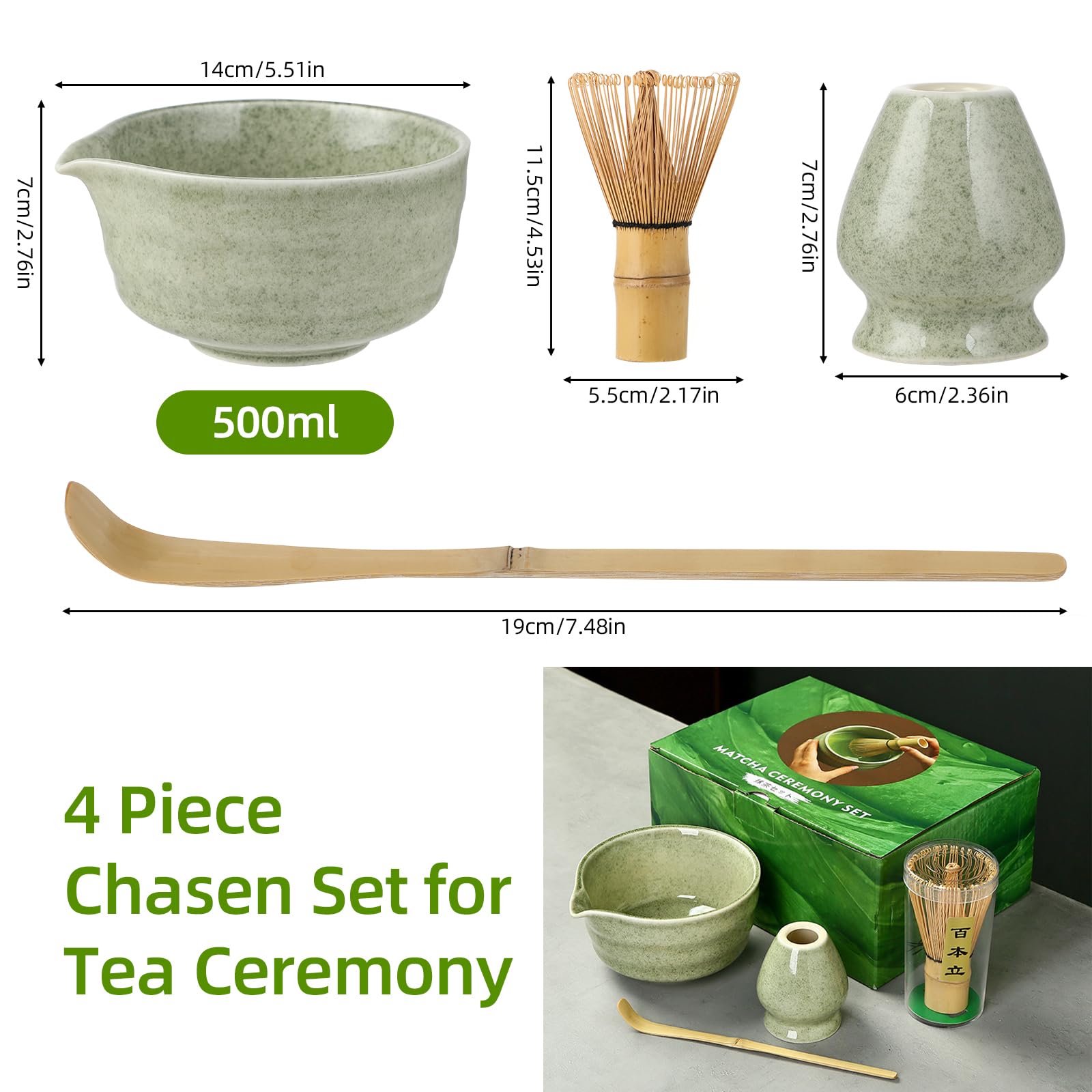 Zestaw do Matchy – Zestaw miotełek do Matchy – 4-częściowy zestaw do herbaty Matchy, miotełka, miska Matcha, Chasen i łyżeczka Matcha – Akcesoria do ceremonii herbacianej – Zielony