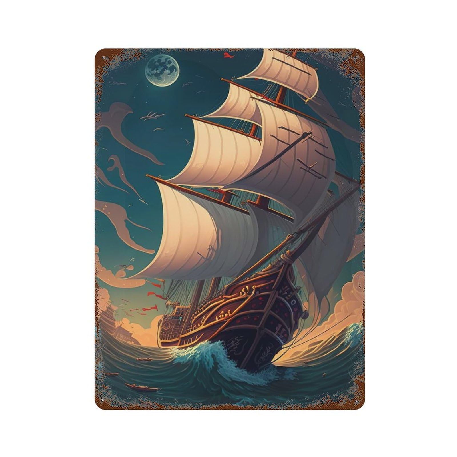 Decorative Tin Sign with Boat Sunset Design 15.7"x11.8", for Garage, Bar And Workshop Decor, Farmhouse Wall Decor