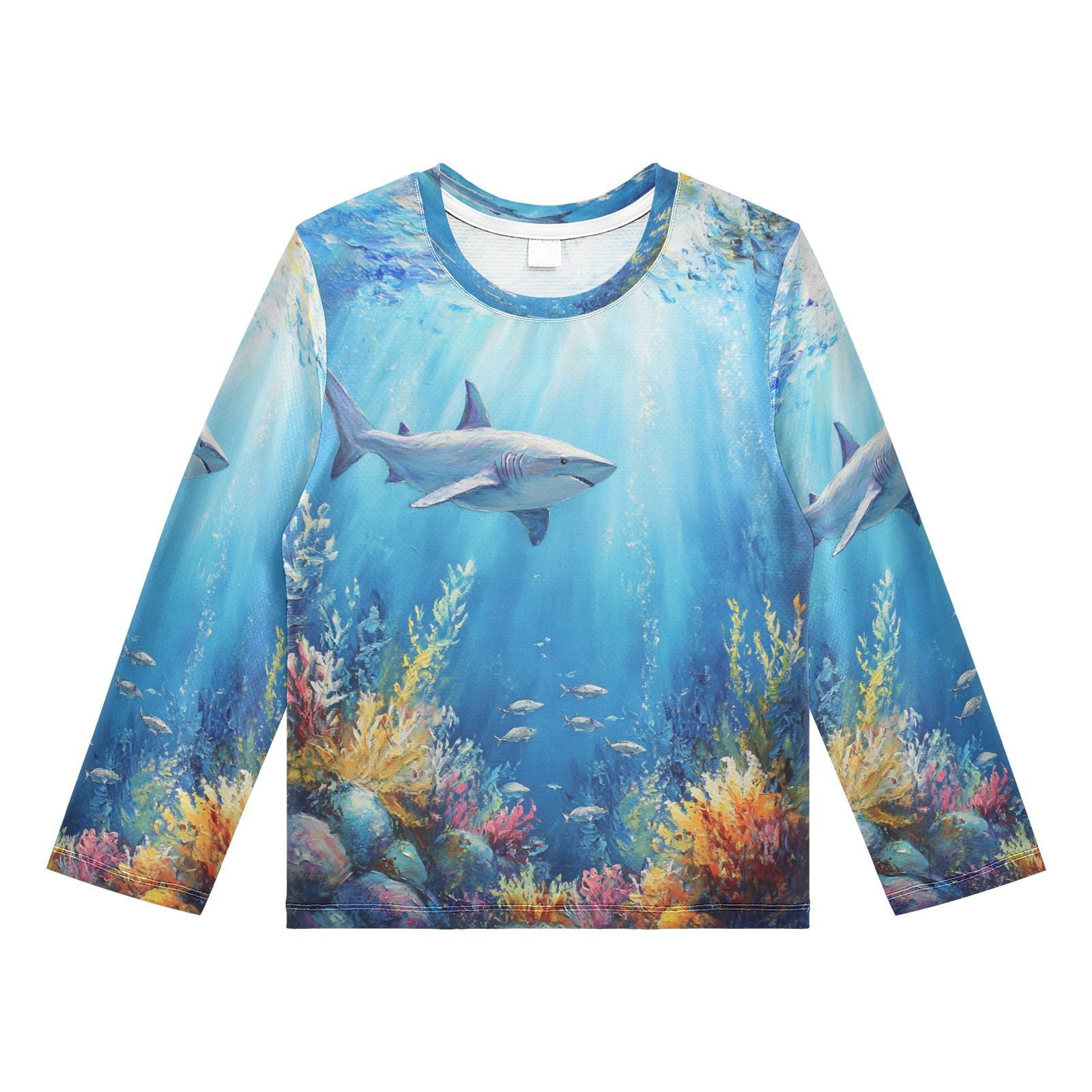 Shark Coral Blue Boy's Rash Guard Swim Shirt Long Sleeve Sun Shirt for Toddler Kid UPF50+ 4T
