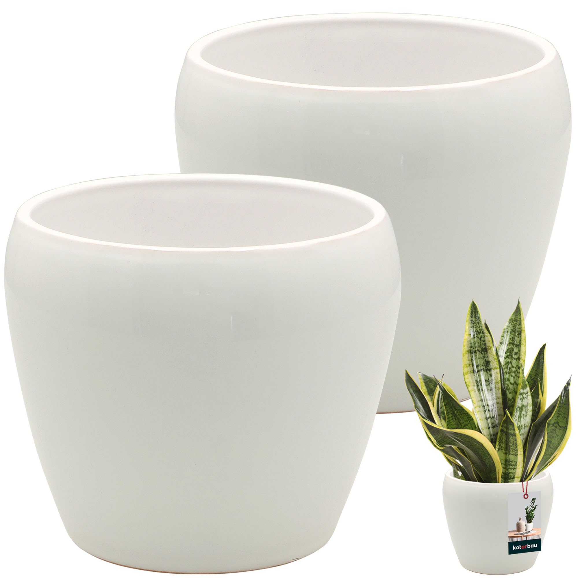 Kotarbau White Kotarbau® Set Of 2 Flower Pots, Inside, Round, Diameter 13.5 Cm, Height: 14 Cm, Glazed Ceramic Flower Pots Indoor Flower Pot Plant Pot Indoor Orchid Planters Flower Pot Large Flower Pot