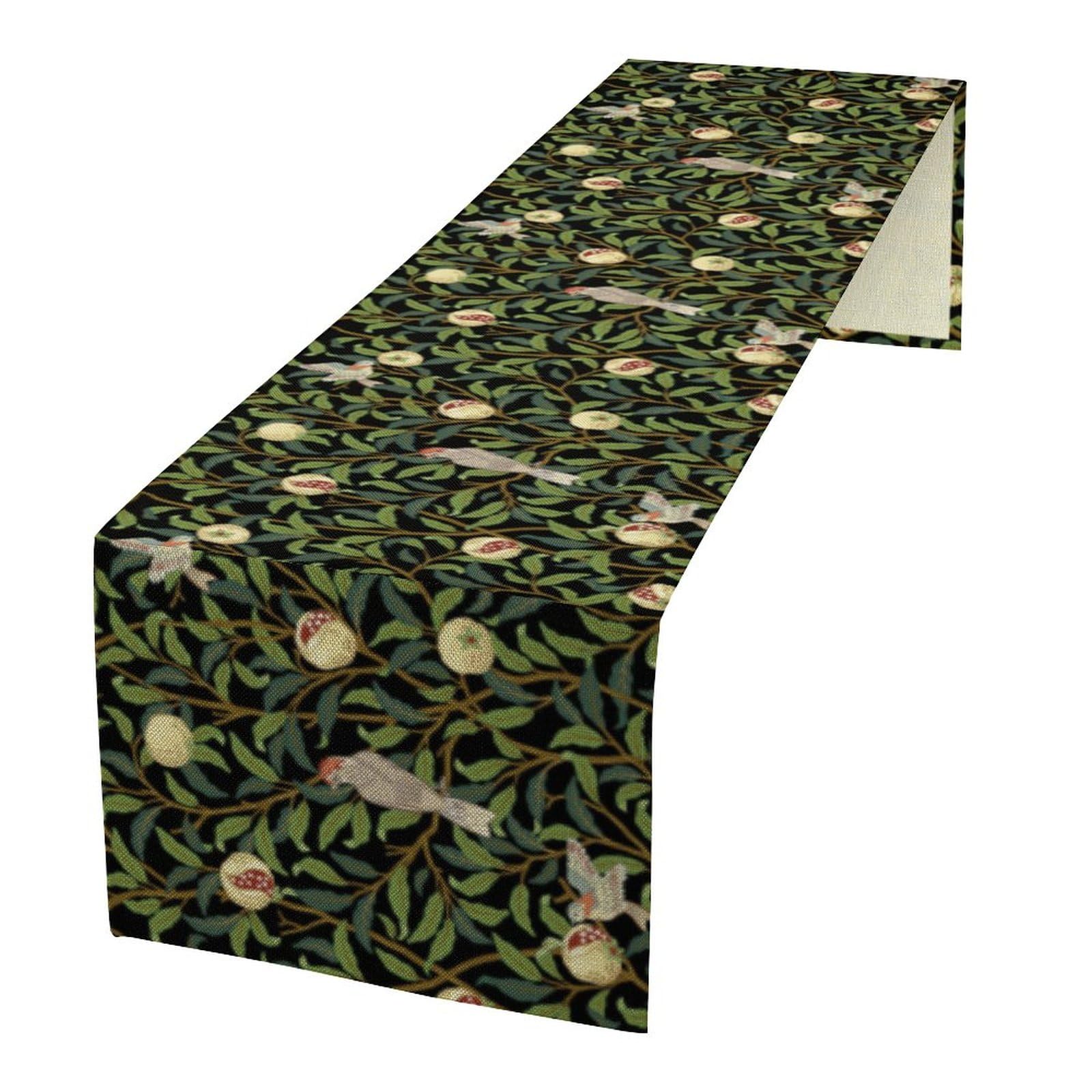 William Morris Flowers Birds Table Runner,Vintage Plants Green Leaf Retro Farmhouse Rustic Table Runner for Coffee Table Dining Room Table Bedroom Party Holiday 13 x 36 Inch