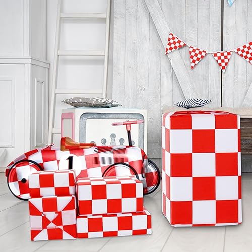 Miniatura 6 de Whaline 100 piezas de papel de seda a cuadros blanco y rojo para fiesta de autos de carreras, papel de regalo, papel de embalaje, papel de