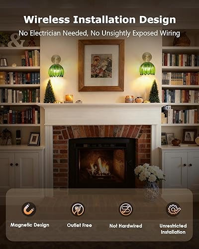 Miniatura 7 de Juego de dos apliques de pared vintage que funcionan con pilas, con pantalla de cristal de tulipán verde, lámpara de pared inalámbrica recargable