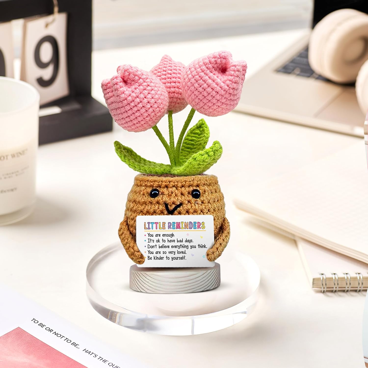 Gossby Handmade Positive Tulip Flower Crochet - Little Reminder You are Enough - Inspirational Gift for Women - Positive Energy, Apreciation, Farewell, Retirement, Goodbye Gift for Coworker