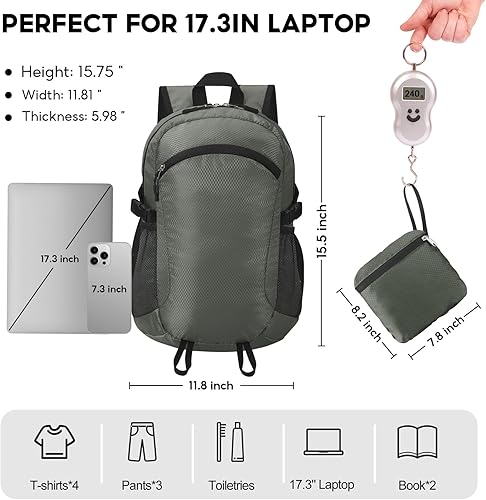Miniatura 3 de Mochila de senderismo pequeña de 15 L, ligera, plegable, resistente al agua, para mujeres y hombres, campamento (gris)