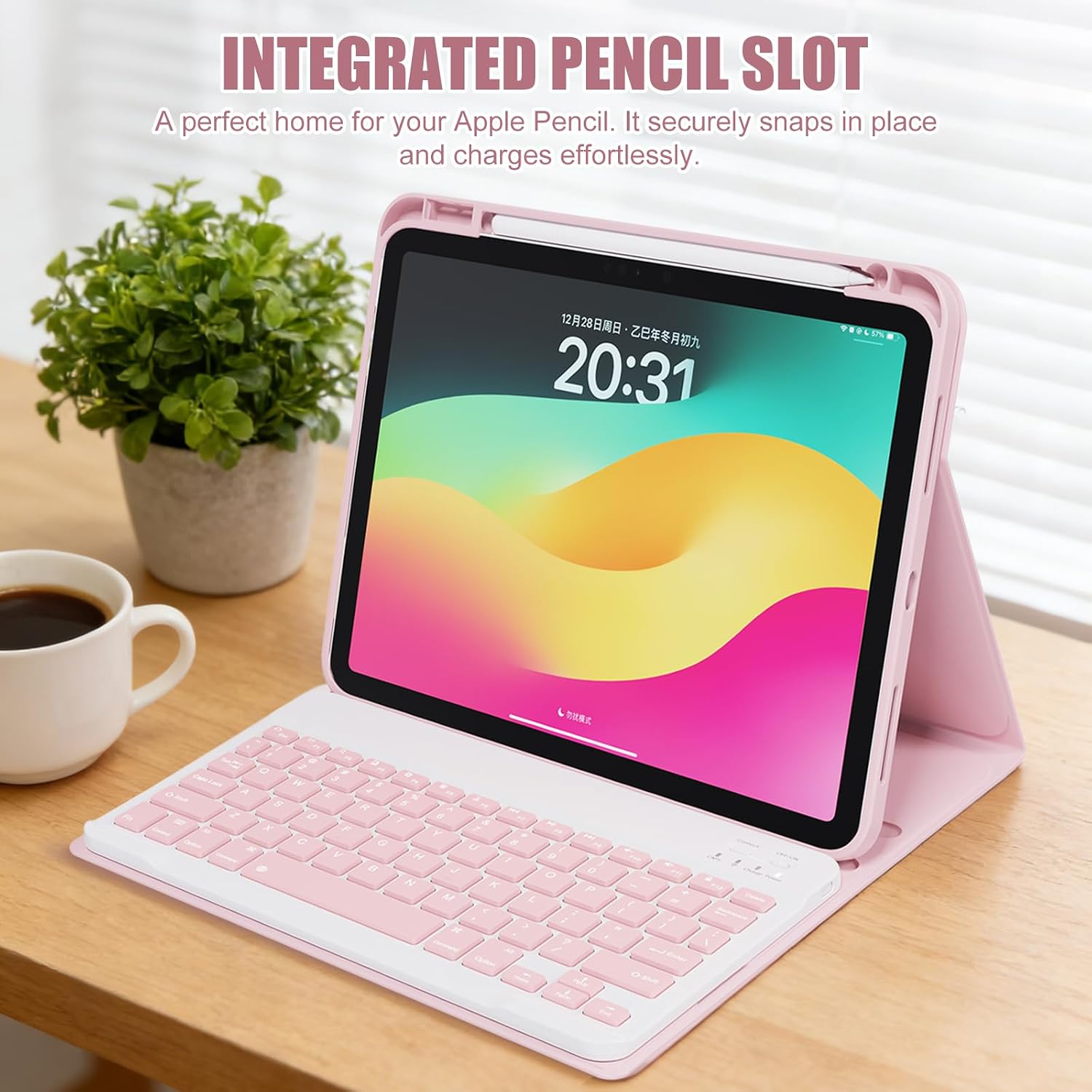 WX100 Bluetooth Keyboard with Case for iPad A16 11th 2025 A3354/A3355/A3356 & 10th Gen (A2696/A2757/A2777) | Detachable Durable Stylish Magnetic Case with Pencil Holder & Multi-Angle Stand - Pink