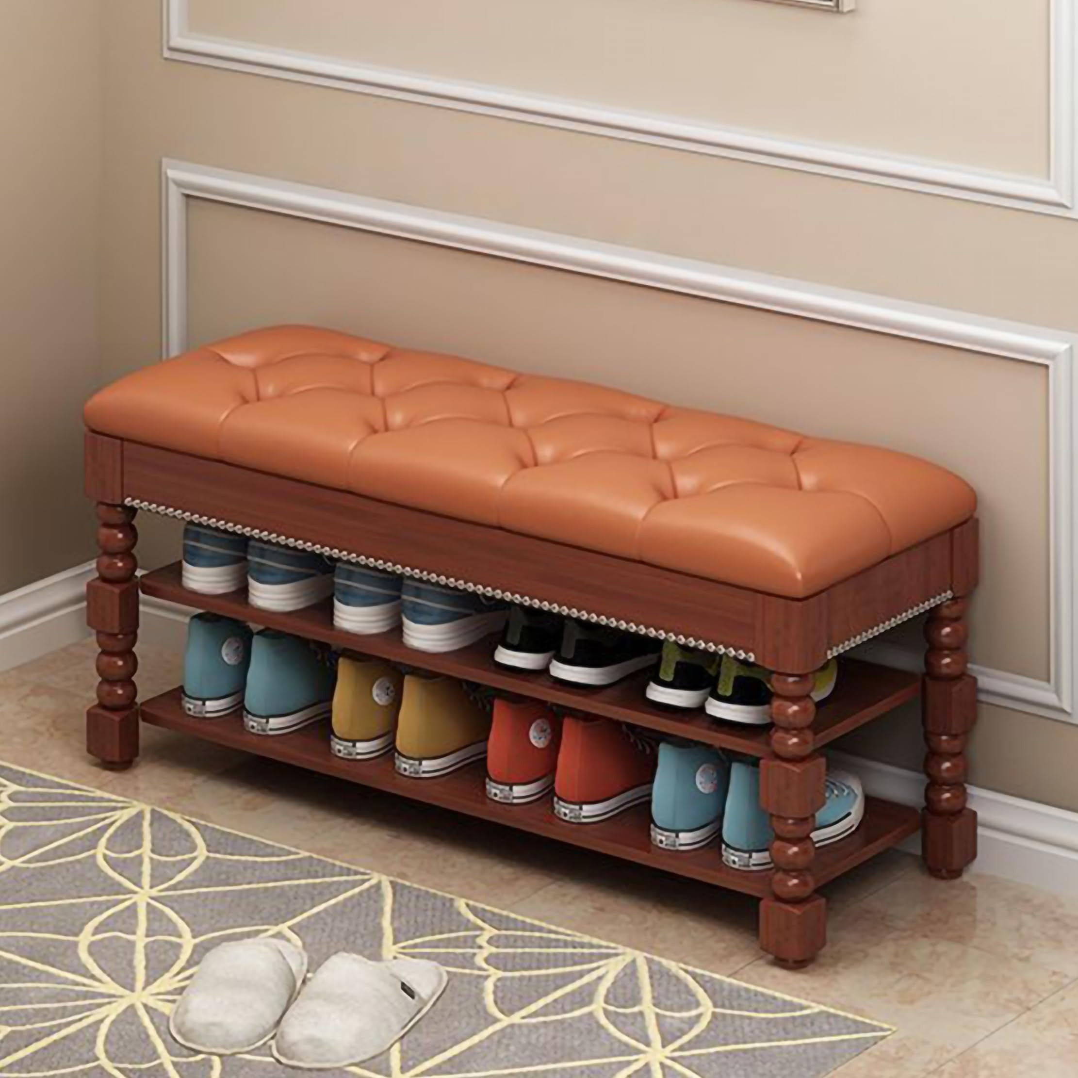 Banc de rangement à chaussures en bois avec assise en cuir pour salon et chambre