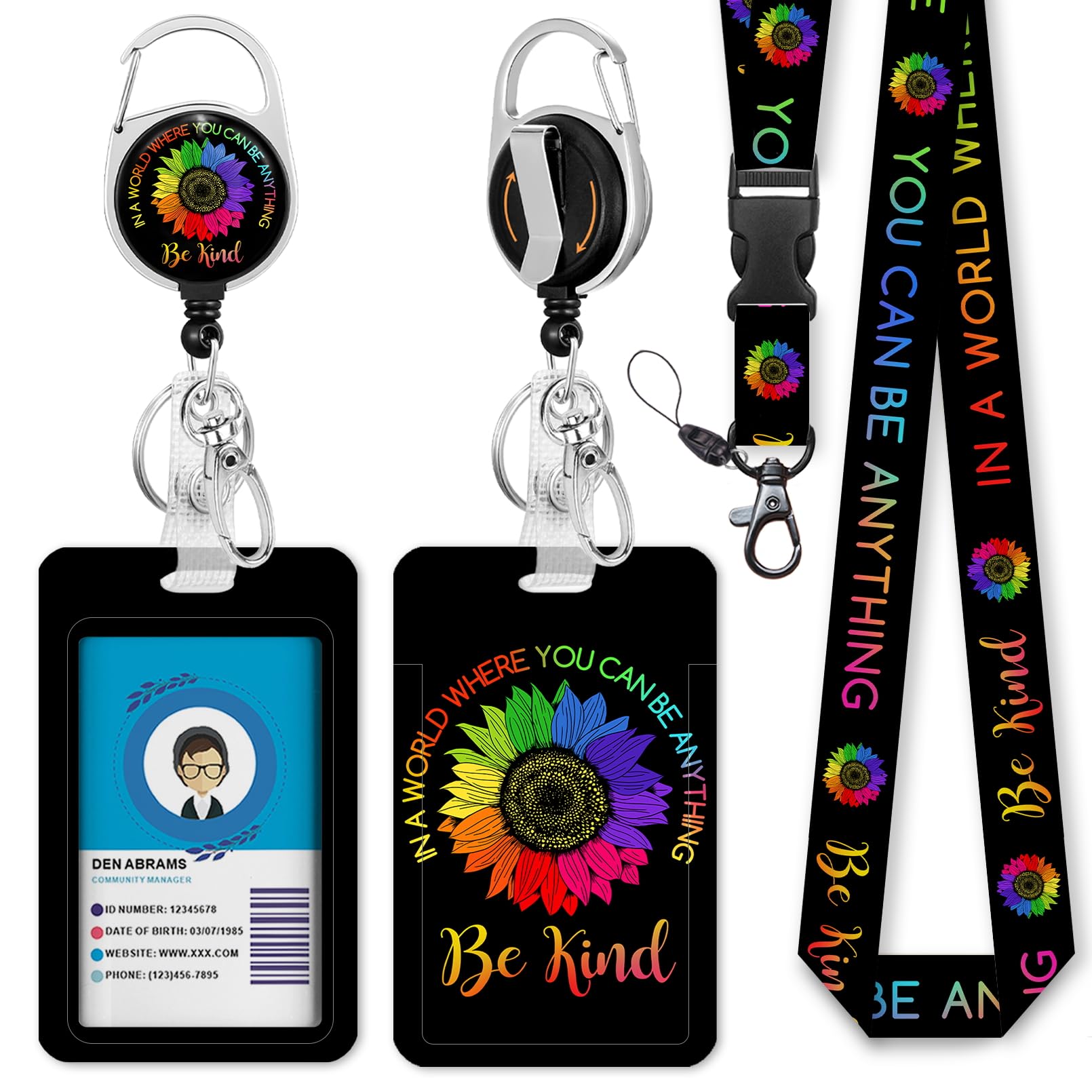 Giancomics Be Kind Lanyards for Id Badges, ID Badge Holder with Lanyard Badge Reel Retractable, Flower Teacher Lanyard with ID Holder Keychain Clip