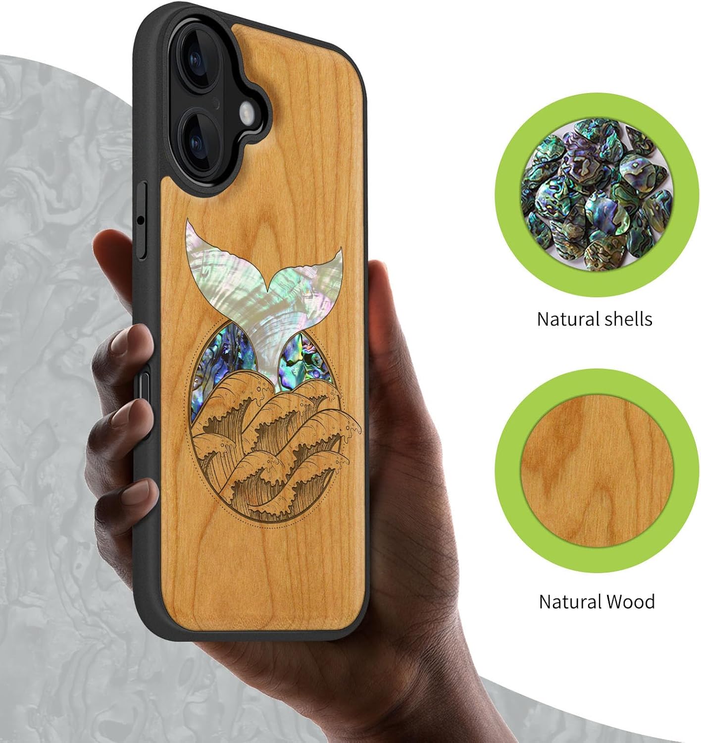 Carveit Magnetic Wooden Case for iPhone 17 Case, Wood Artisan Engraved & Handmade Shell Inlaid, TPU Shockproof Cover, Compatible with MagSafe Wireless Chargers (Whale Tail-Cherry)