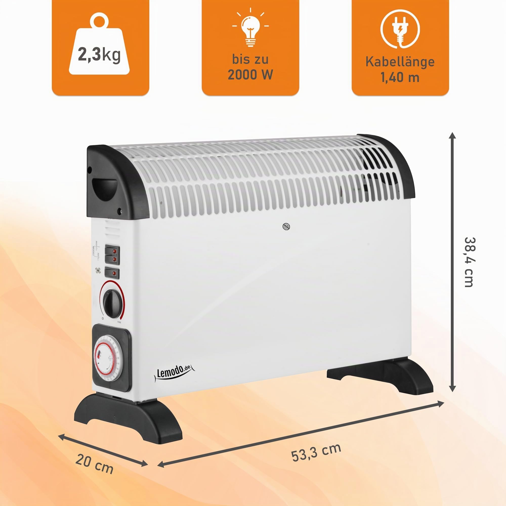 LEMODO Elektroheizung 2000W | Mobile Konvektorheizung mit 3 Leistungsstufen (750W/1250W/2000W) | Energiesparende elektrische Heizung | Heizgerät ohne Gas und Öl | Tragbarer Elektroheizkörper