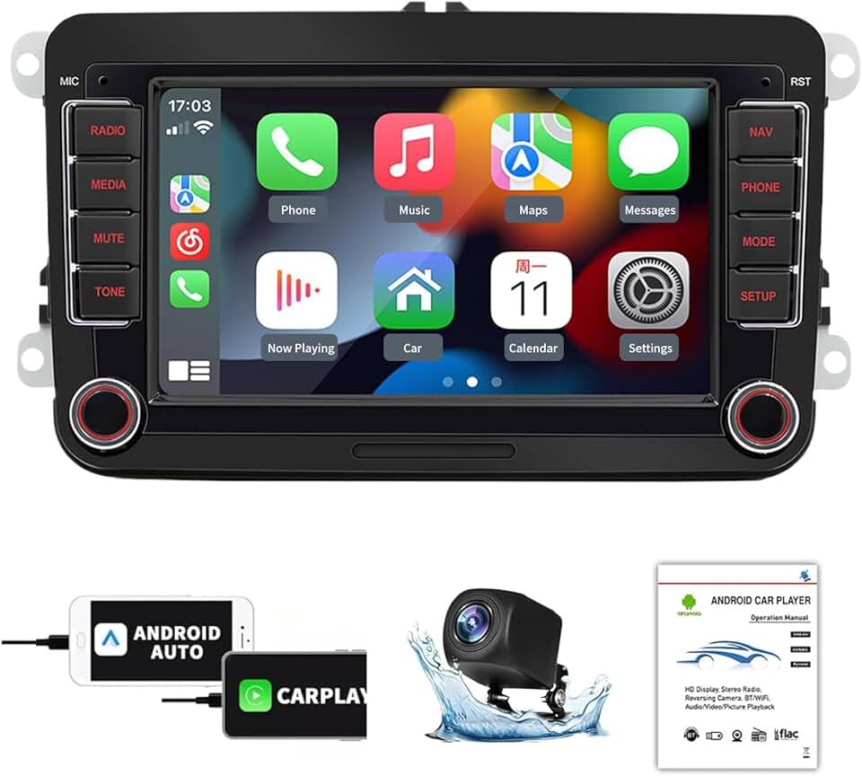 radio automotivo bluetooth de 7 polegadas W6060 com Android, CarPlay, Compatível com camera automotiva e Controle no Volante - Ideal para Jetta Mk6, Tiguan, Golf e Outros Veículos 12V