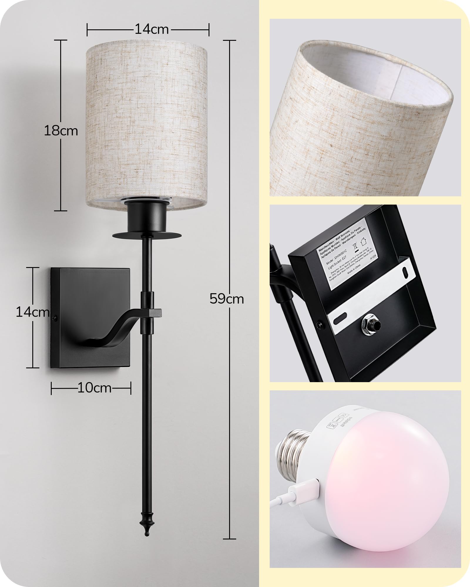 EDISHINE Lampada da Parete Interni Senza Fili 2 Pezzi, Telecomando e Lampadina E27 RGBW Dimmerabile e Ricaricabile, 3000K-4500K-6000K, Paralume Beige, Base Nera per Soggiorno, Camera, Corridoio