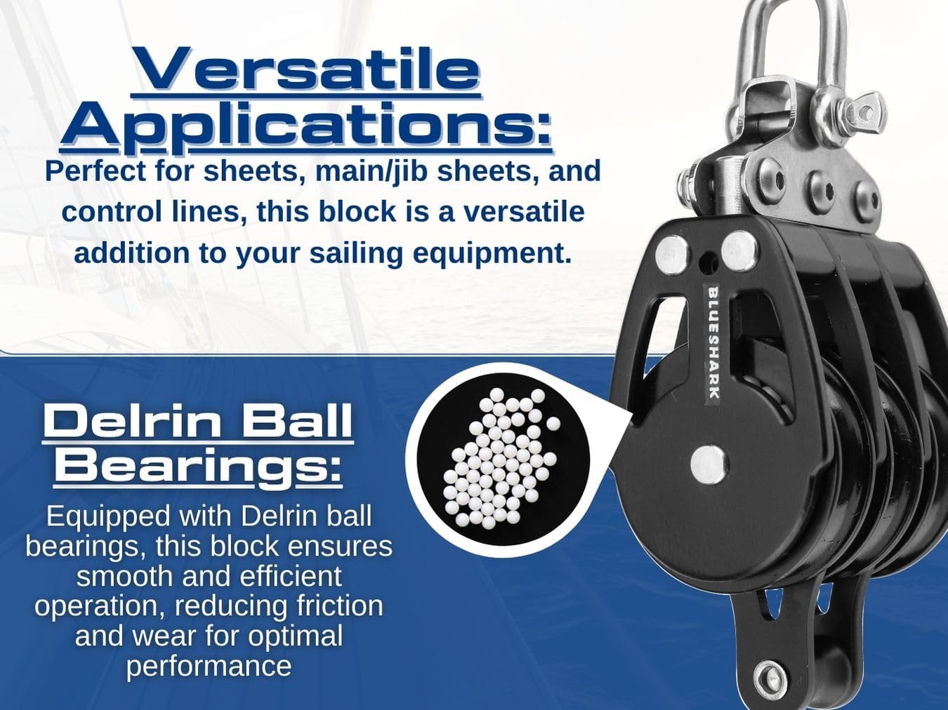 Blue Shark 2257-38 mm Fixed Triple Becket Aluminum Sailing Block - Max Line: 3/8” (10 mm), Safe Working Load (SWL): 2300 lbs, Breaking Load: 3700 lbs